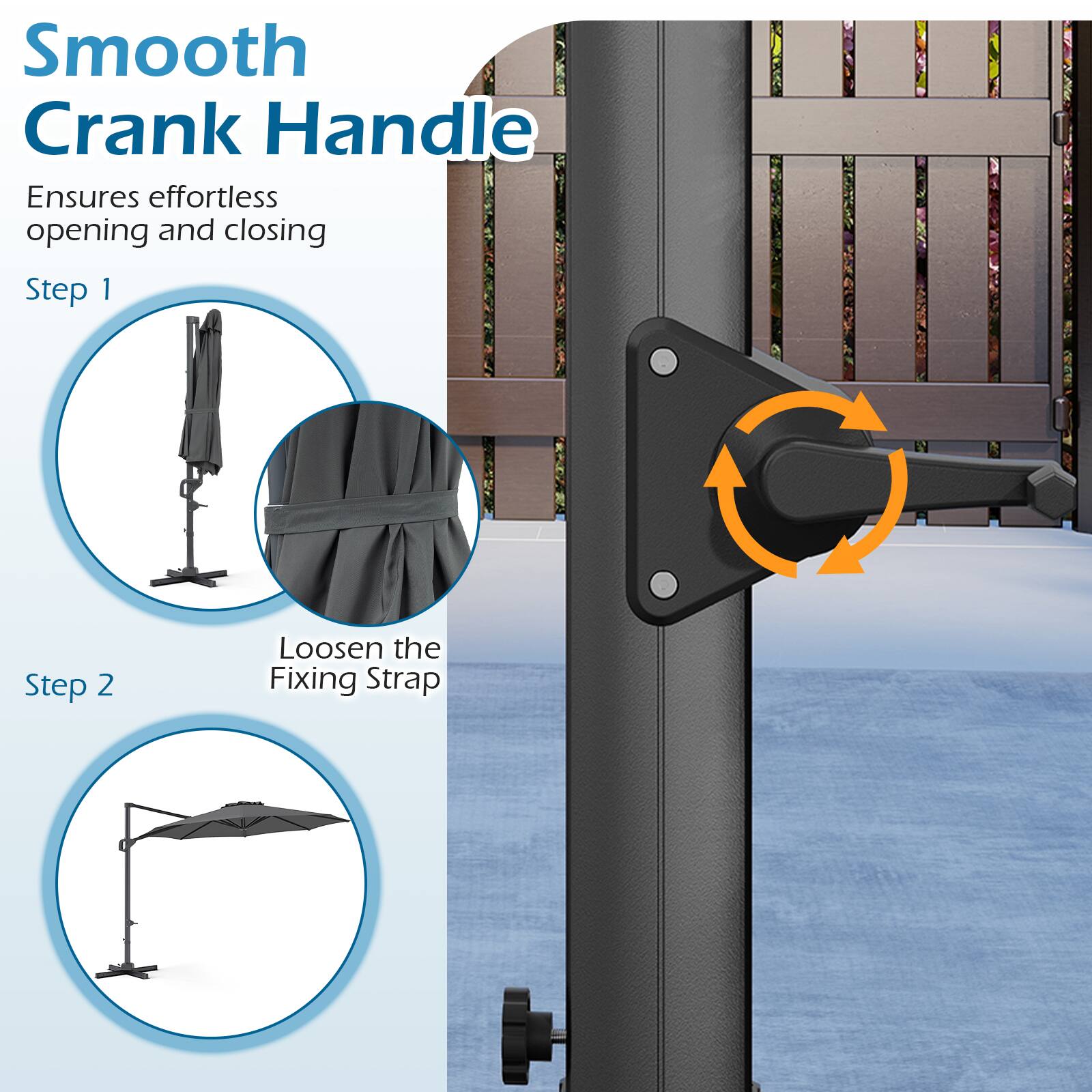 Smooth Crank Handle  
Ensures effortless opening and closing  

Step 1  
Loosen the Fixing Strap  

Step 2