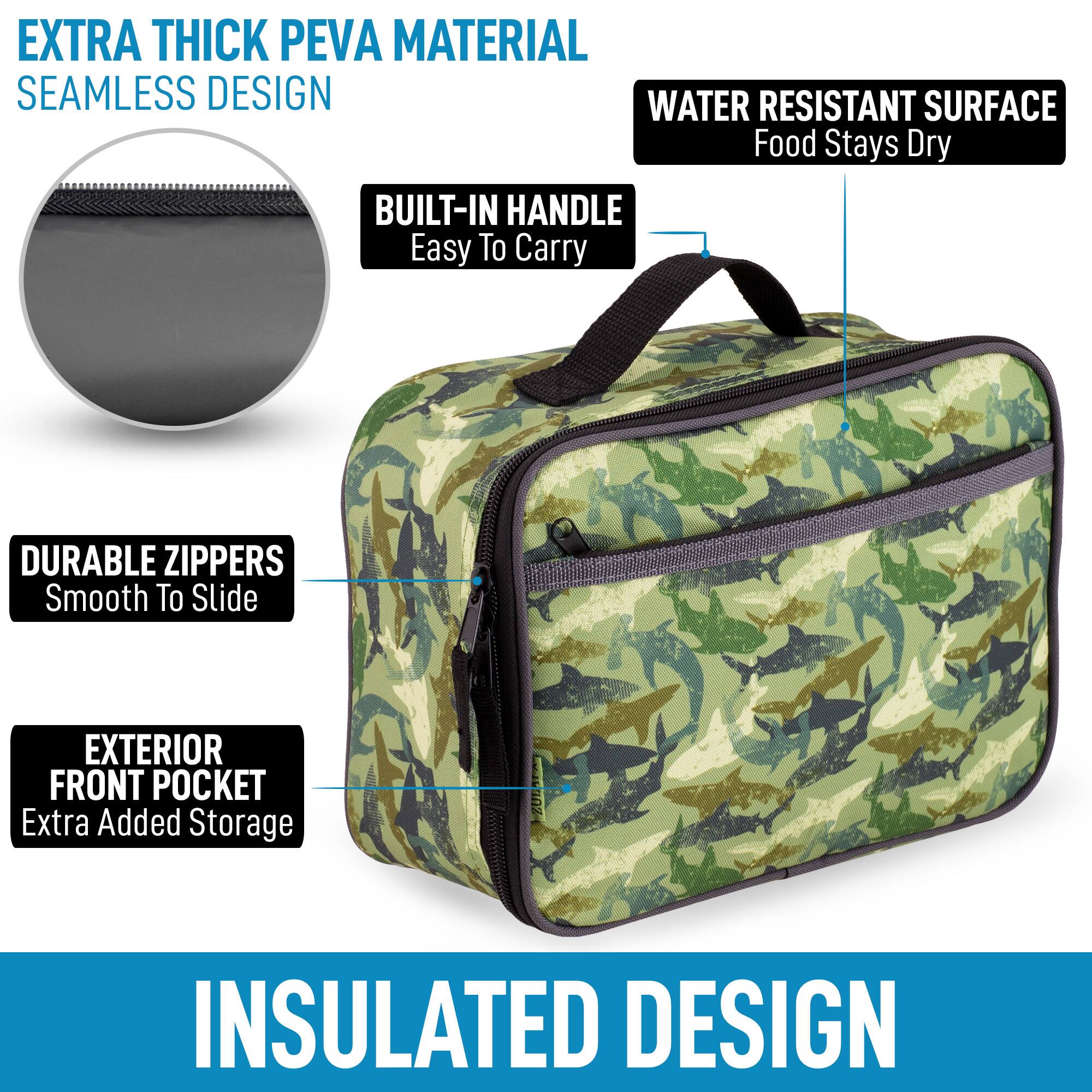 EXTRA THICK PEVA MATERIAL SEAMLESS DESIGN, WATER RESISTANT SURFACE Food Stays Dry, BUILT-IN HANDLE Easy To Carry, DURABLE ZIPPERS Smooth To Slide, EXTERIOR FRONT POCKET Extra Added Storage, INSULATED DESIGN