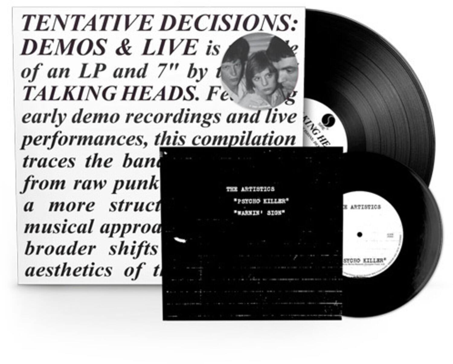 TENTATIVE DECISIONS: DEMOS & LIVE is of an LP and 7" by TALKING HEADS. Featuring early demo recordings and live performances, this compilation traces the band from raw punk to a more structured musical approach, highlighting broader shifts in aesthetics.