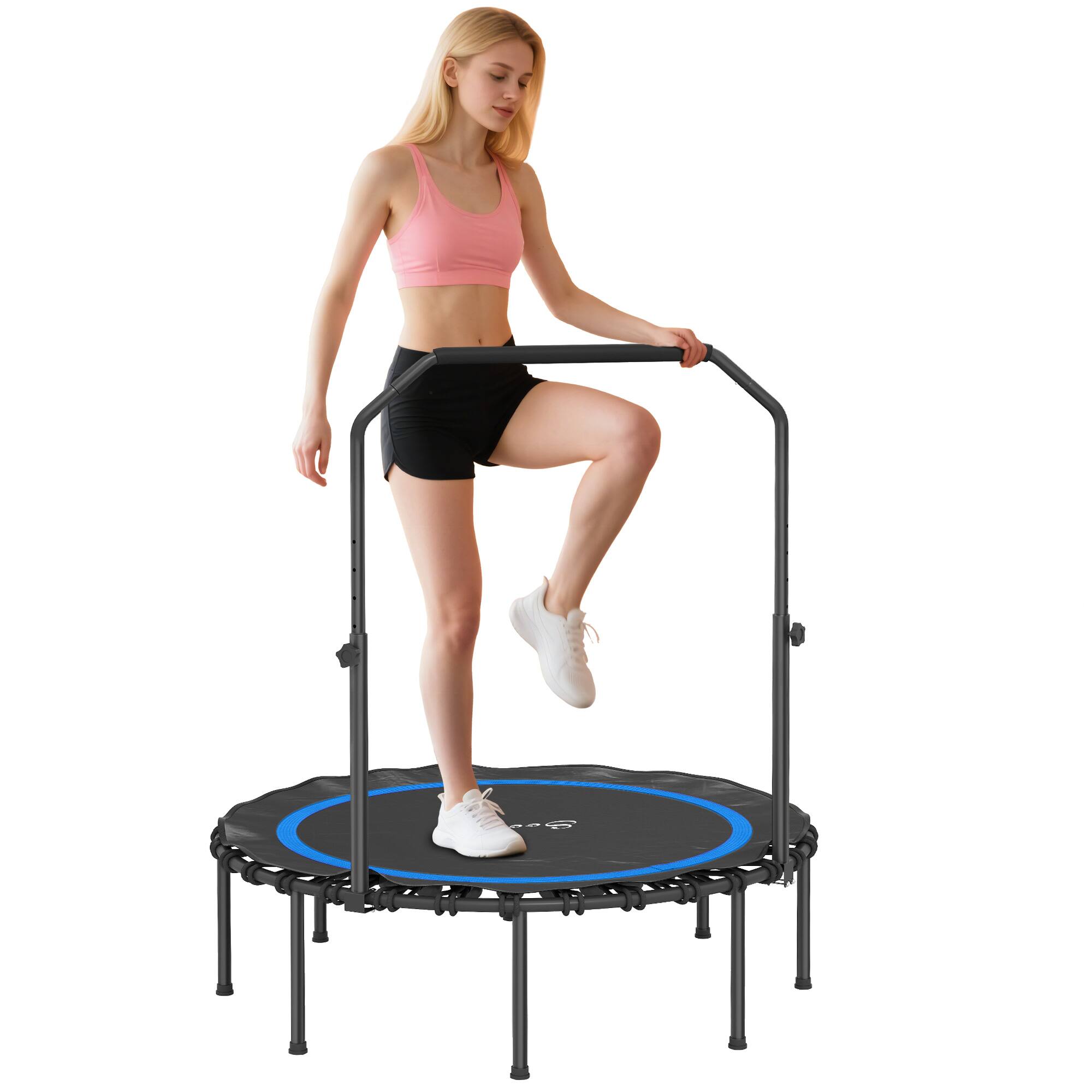 Front. Soozier - 45"/48" Rebounder Trampoline for Adults, Foldable Mini Trampoline with Adjustable Handle Bar - Blue.
