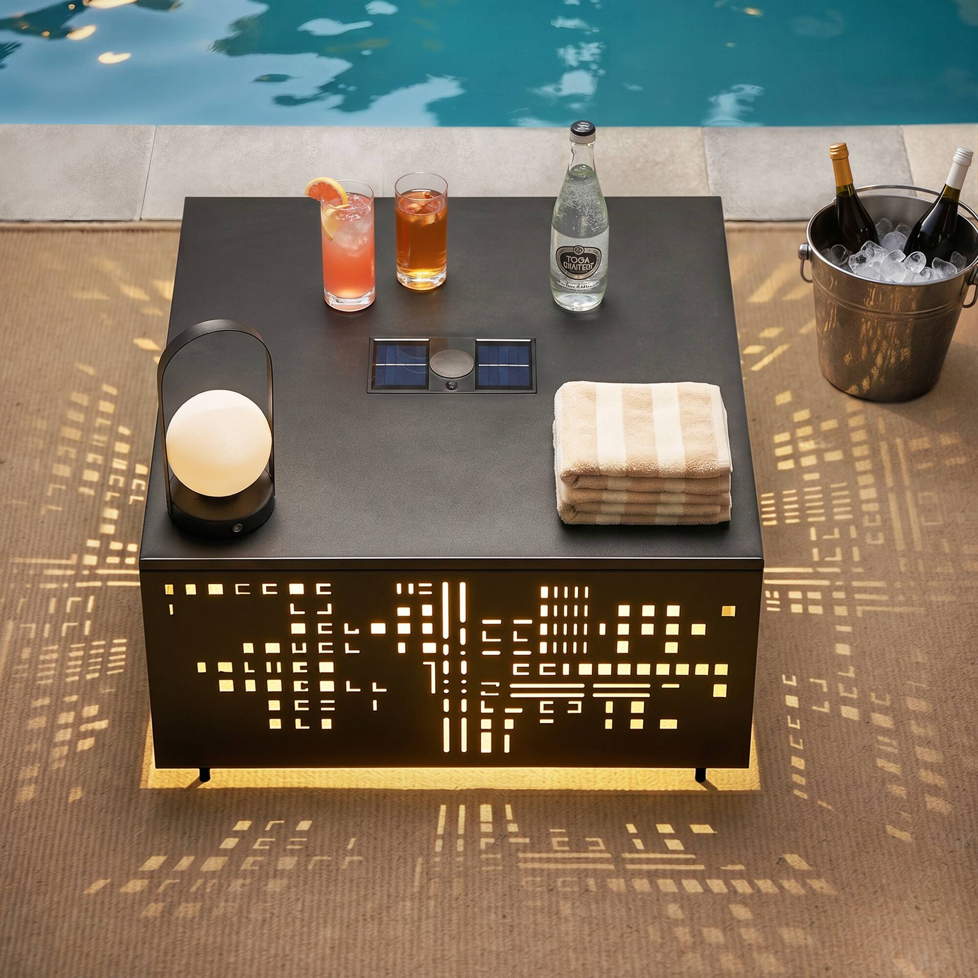 Alt View 6. Ovios - Patio Coffee Table Outdoor Metal Table with Solar Light for Balcony - Black.