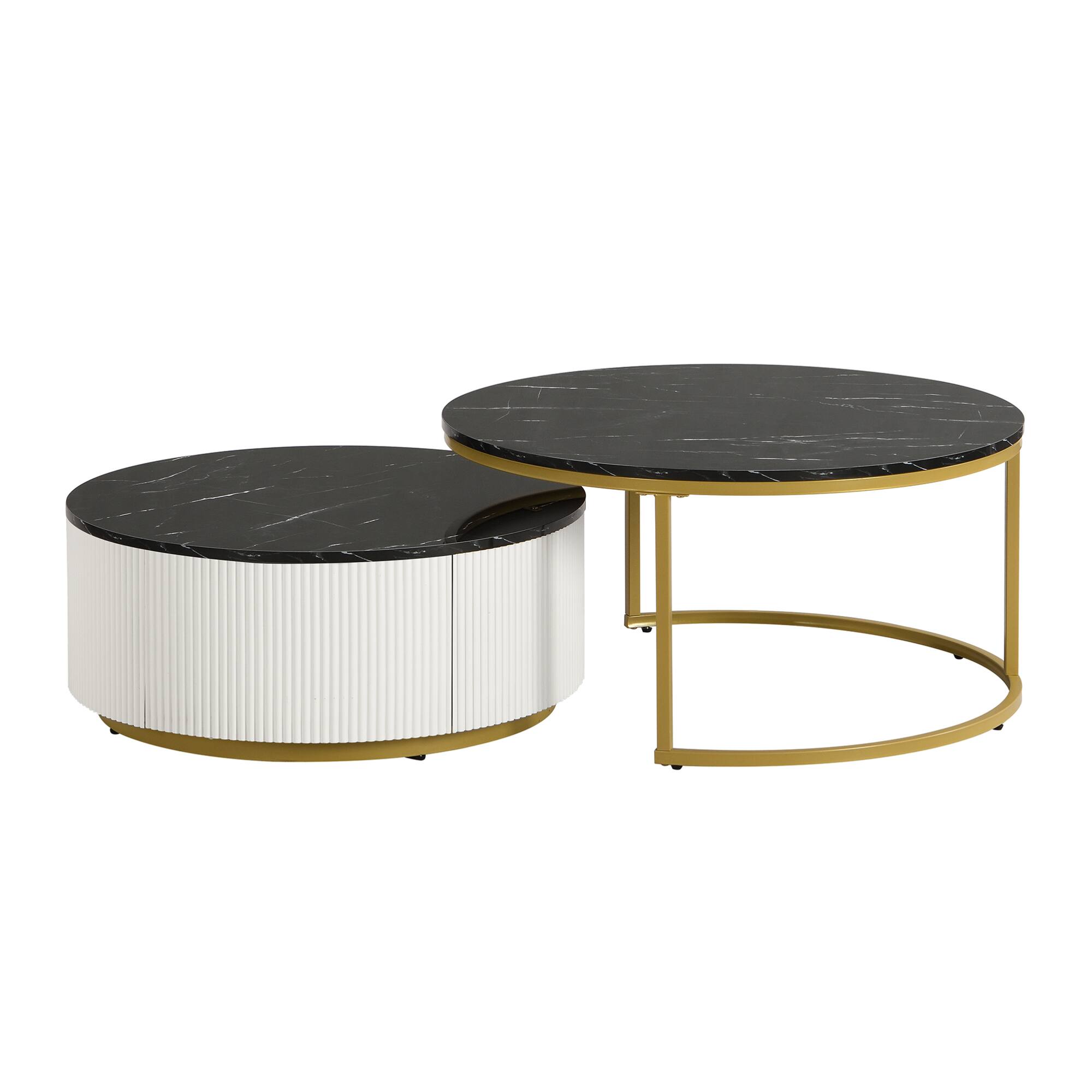 Alt View 8. GOODSILO - Modern Round Nesting Coffee Table with Fluted Design and Drawer for Living Room - Black.