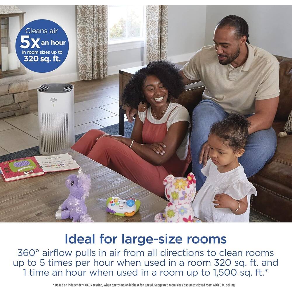 Cleans air 5X an hour in room sizes up to 320 sq. ft.

Ideal for large-size rooms

360° airflow pulls in air from all directions to clean rooms up to 5 times per hour when used in a room 320 sq. ft. and 1 time an hour when used in a room up to 1,500 sq. ft.*

*Based on independent CADR testing, when operating on highest fan speed. Suggested room sizes assumes closed room with 8 ft. ceiling.
