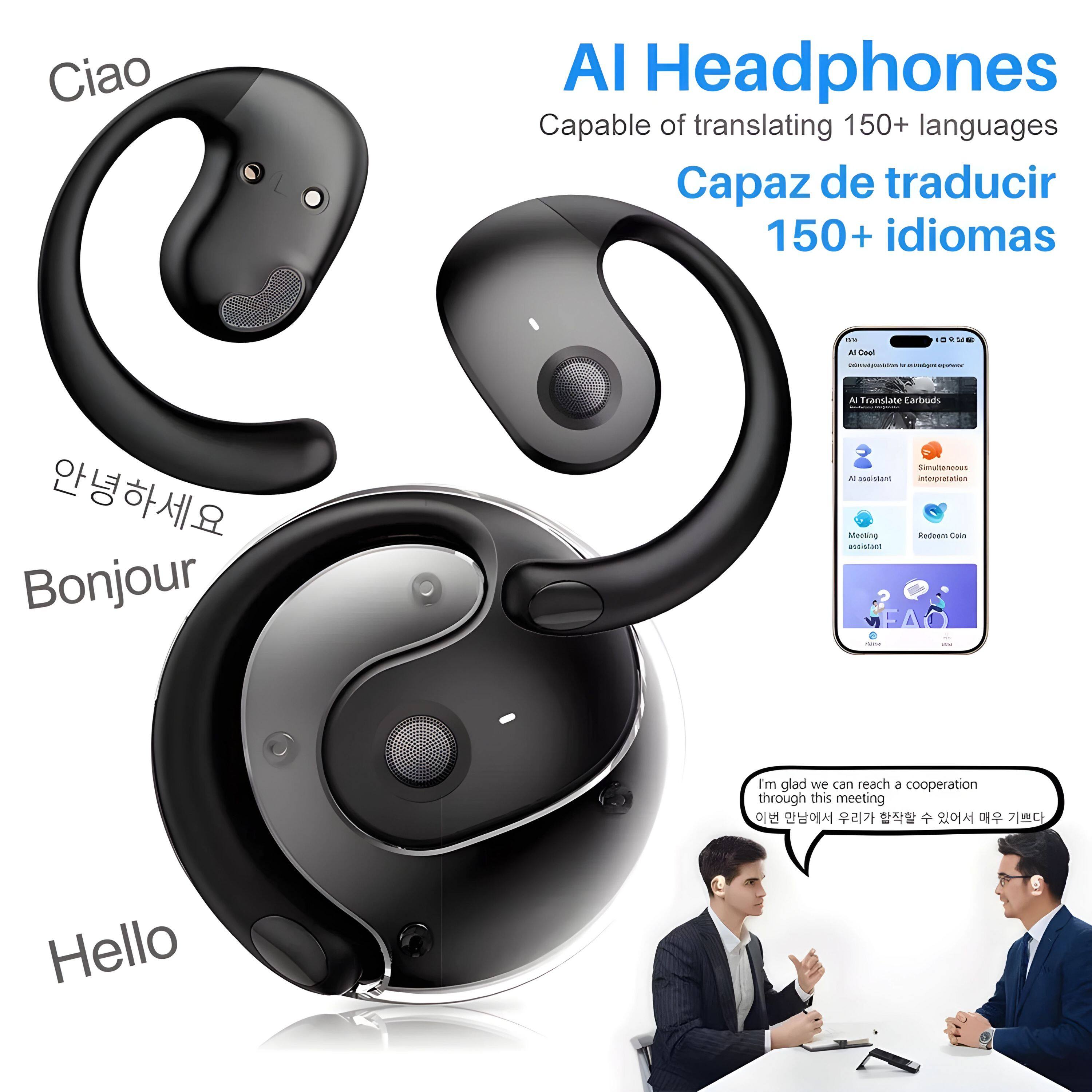 AI Headphones  
Capable of translating 150+ languages  
Capaz de traducir 150+ idiomas  

Ciao  
안녕하세요  
Bonjour  
Hello  

I'm glad we can reach a cooperation through this meeting  
이번 만남에서 우리가 함께할 수 있어서 매우 기쁘다