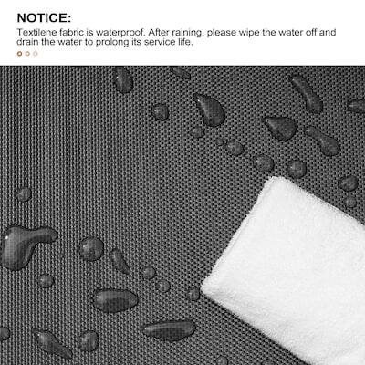 NOTICE:  
Textilene fabric is waterproof. After raining, please wipe the water off and drain the water to prolong its service life.
