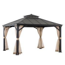SUNJOY - 10.5 ft. x 12.5 ft. Brown Steel Gazebo with 2-tier Hip Roof Hard Top - Black