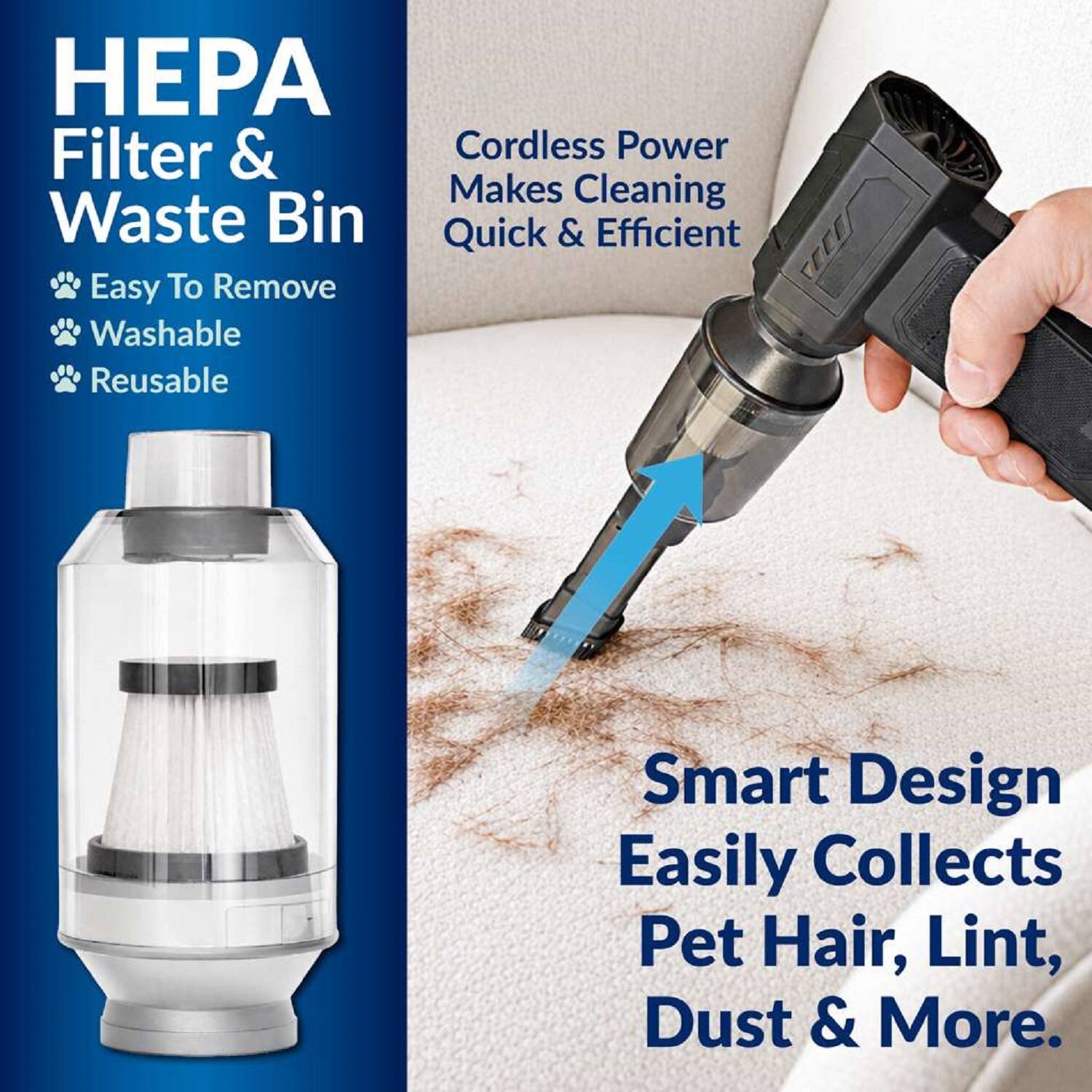 HEPA Filter & Cordless Power Makes Cleaning Waste Bin Quick & Efficient  
Easy To Remove  
Washable  
Reusable  
Smart Design Easily Collects Pet Hair, Lint, Dust & More.