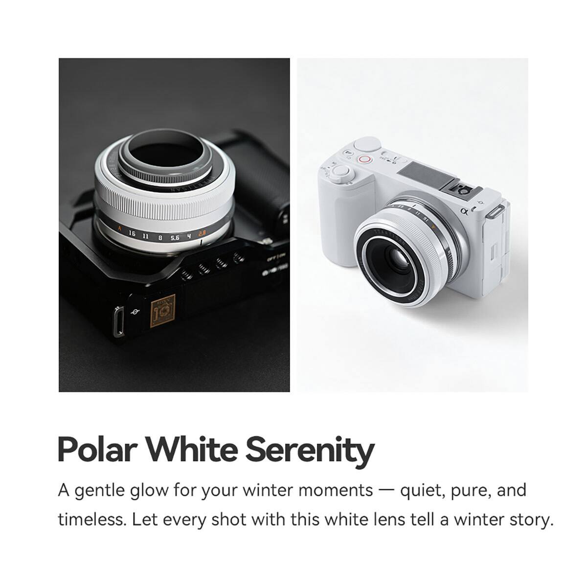 EF 5  
TO a  
16 11 8 5.6 4 8.5 & 10  
Polar White Serenity  
A gentle glow for your winter moments — quiet, pure, and timeless. Let every shot with this white lens tell a winter story.