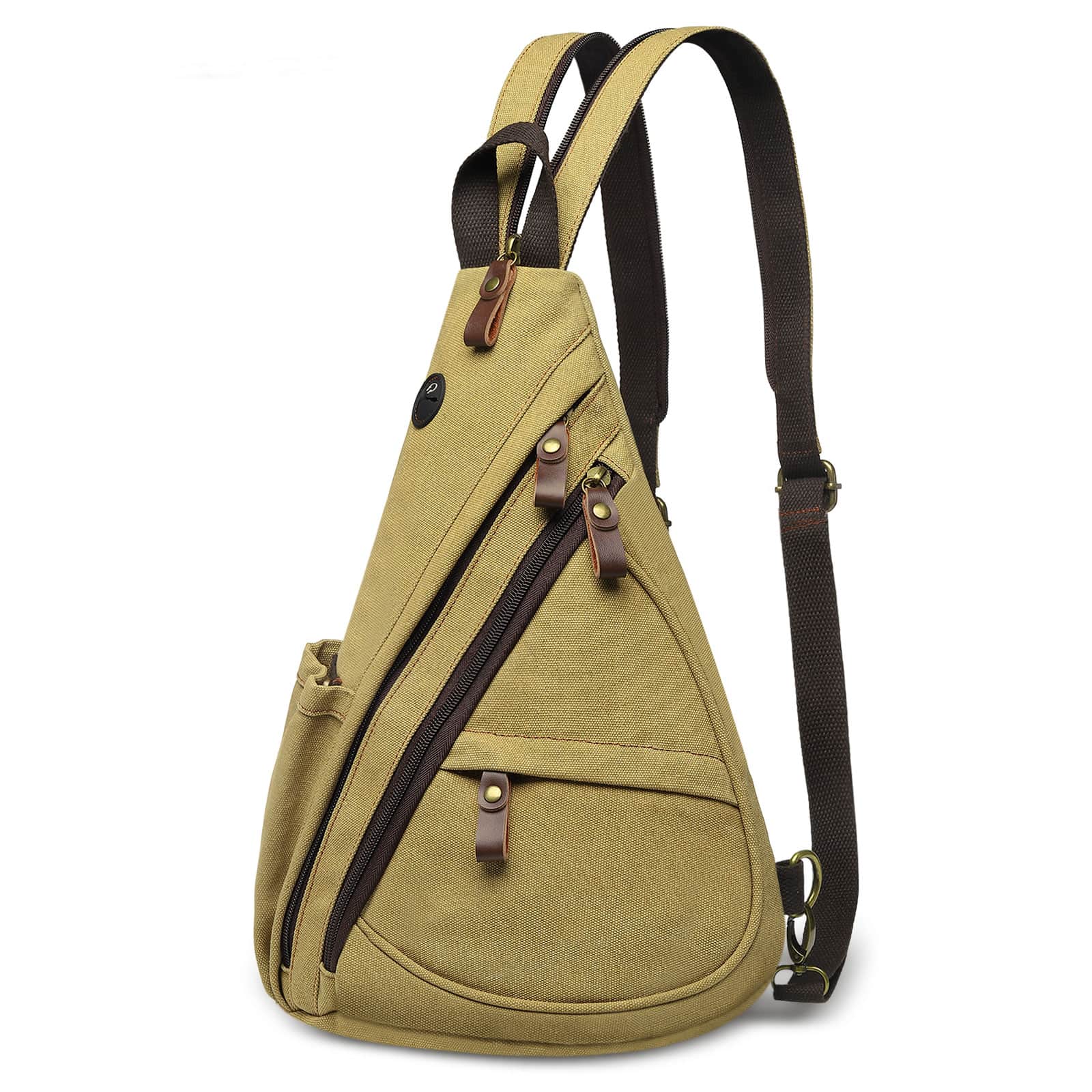 Unique Bargains - Vintage Canvas Sling Bag with Genuine Leather Zipper 3 in 1 Crossbody Backpack and Chest Bag for Travel 16x10x6 Inches - Khaki