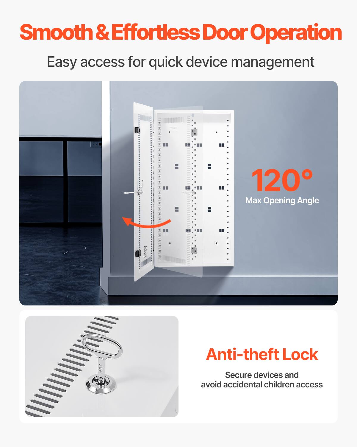 Smooth & Effortless Door Operation  
Easy access for quick device management  

120° Max Opening Angle  

Anti-theft Lock  
Secure devices and avoid accidental children access