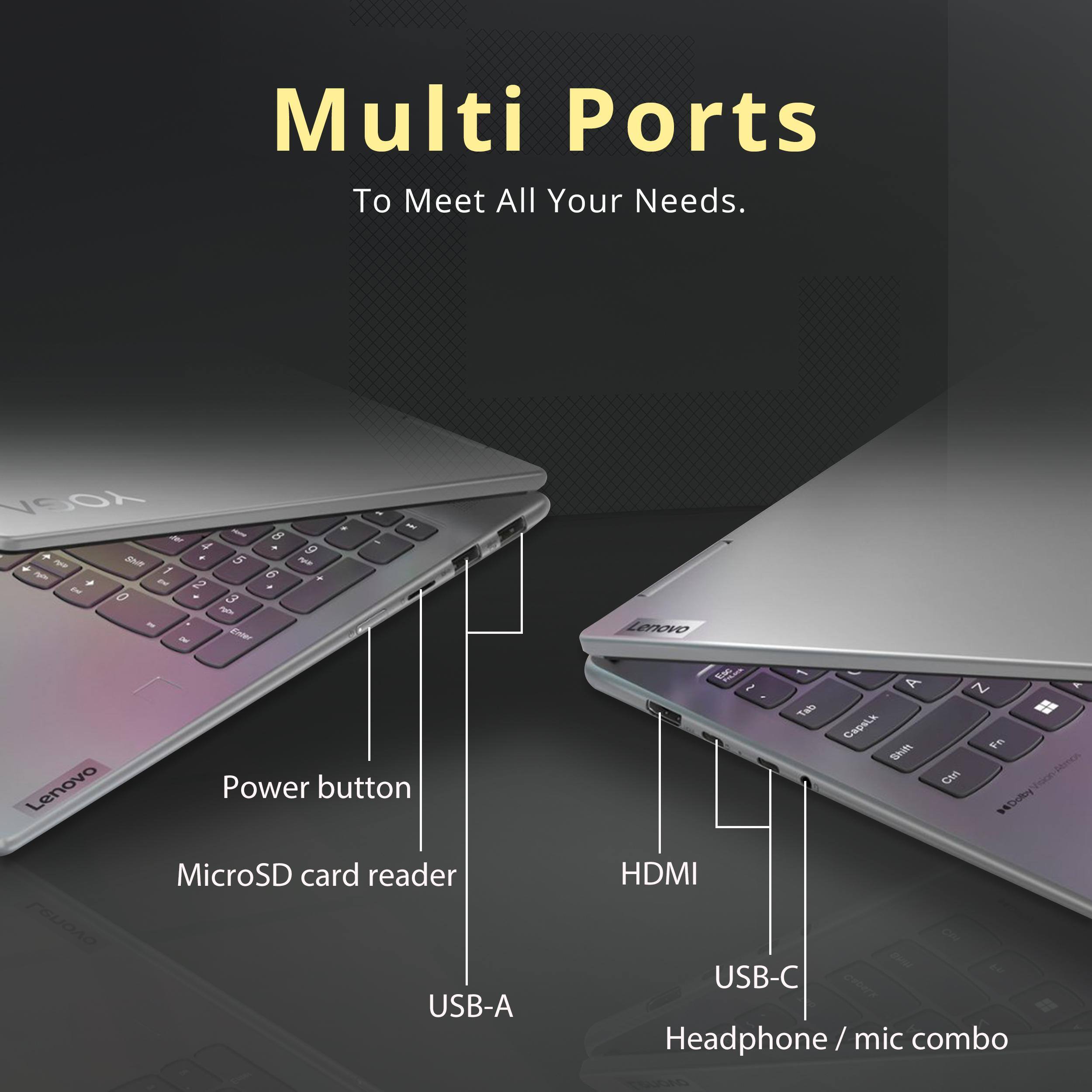 Multi Ports  
To Meet All Your Needs.

- Power button
- MicroSD card reader
- USB-A
- HDMI
- USB-C
- Headphone / mic combo