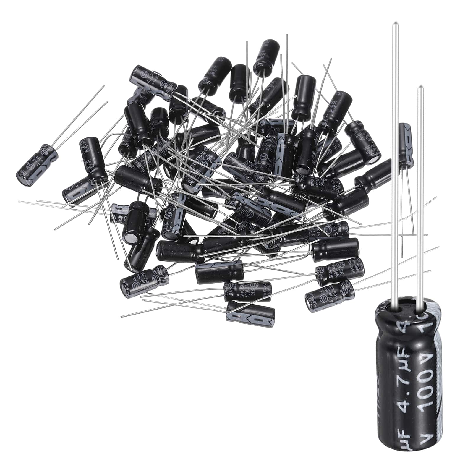 Unique Bargains - 4.7uF 100V 5x11mm Electrolytic Capacitor, 105C High Temp Radial Leads, for TVs/LCDs/VCD, 60pcs - Black price history on PriceWatchPro