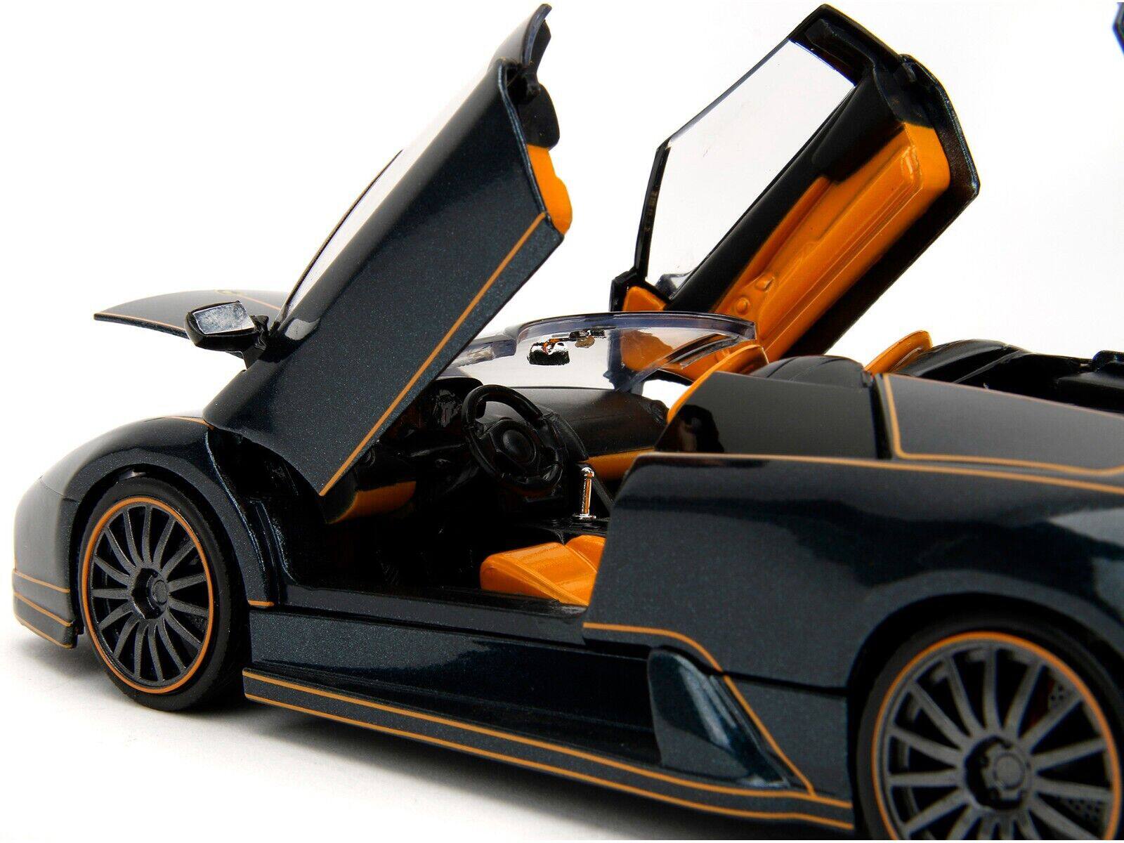 Left. Jada - Lamborghini Murcielago Roadster Black Metallic with Orange Interior "Pink Slips" Series 1/24 Diecast Model Car by Jada - Black Metallic With Orange.