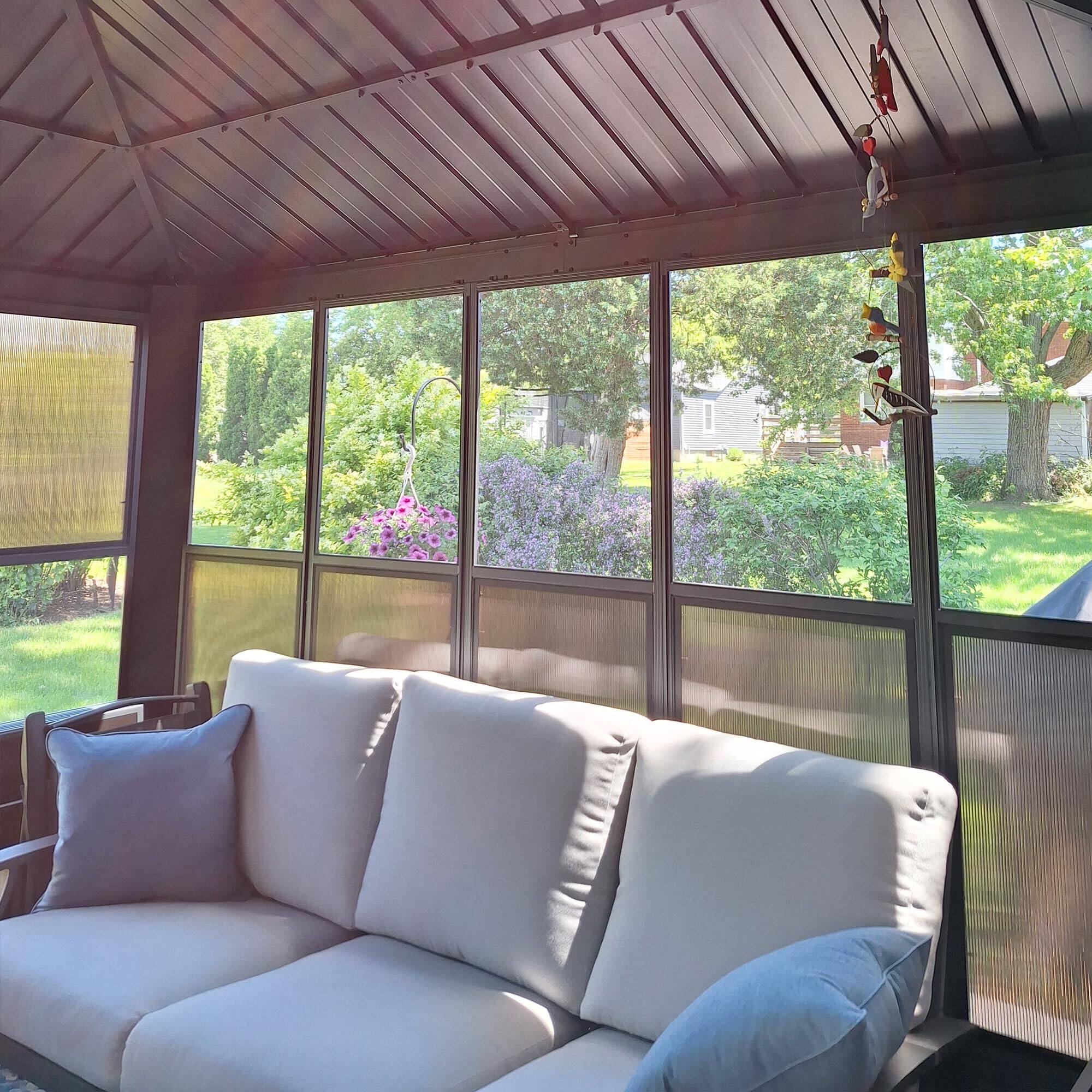 Angle. PURPLE LEAF - Sunroom Outdoor Hardtop Gazebo Gray Aluminum Frame Galvanized Steel Double Roof All-Weather Screen House - 10' X 13'.