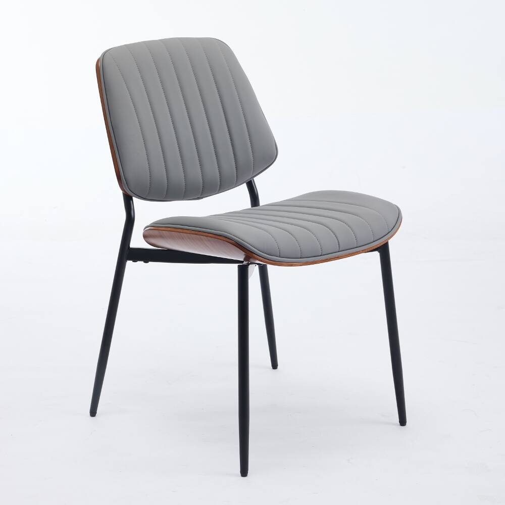 Left. Loheer - Loheer Mid-Century Dining Chairs Set of 2, Gray Faux Leather Walnut Bentwood Chairs with Metal Legs - Gray.