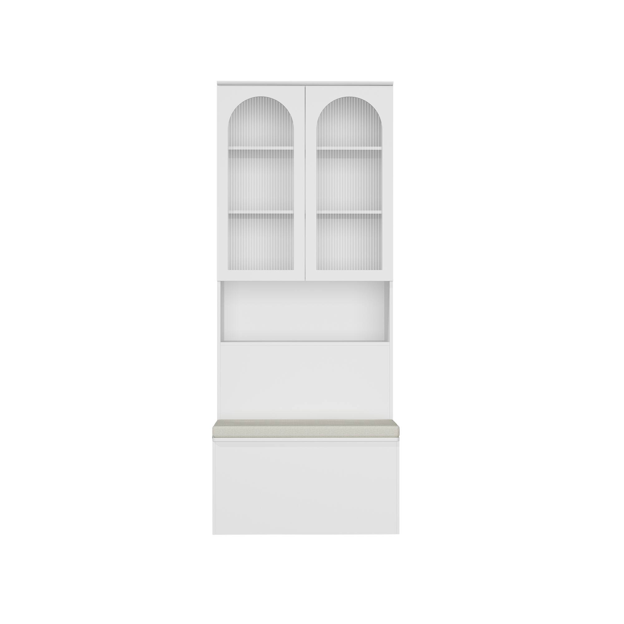 Alt View 8. Famapy - French Cream Entryway Storage Bench with Fluted Glass Cabinet and Cushioned Seat - White.