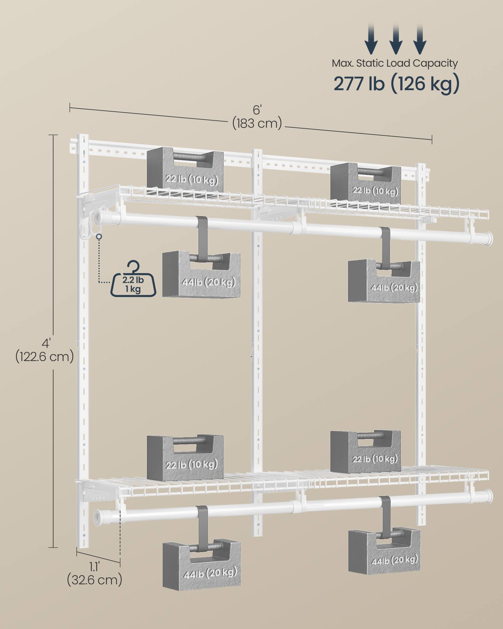 6' (183 cm)  
Max. Static Load Capacity 277 lb (126 kg)  
22 lb (10 kg)  
22 lb (10 kg)  
2.2 lb (1 kg)  
44 lb (20 kg)  
44 lb (20 kg)  
4' (122.6 cm)  
22 lb (10 kg)  
22 lb (10 kg)  
1.1' (32.6 cm)  
44 lb (20 kg)  
44 lb (20 kg)