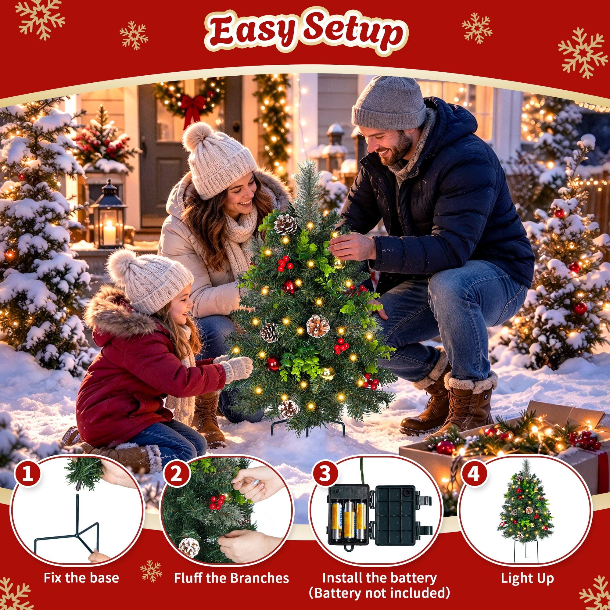Easy Setup

1. Fix the base
2. Fluff the Branches
3. Install the battery (Battery not included)
4. Light Up