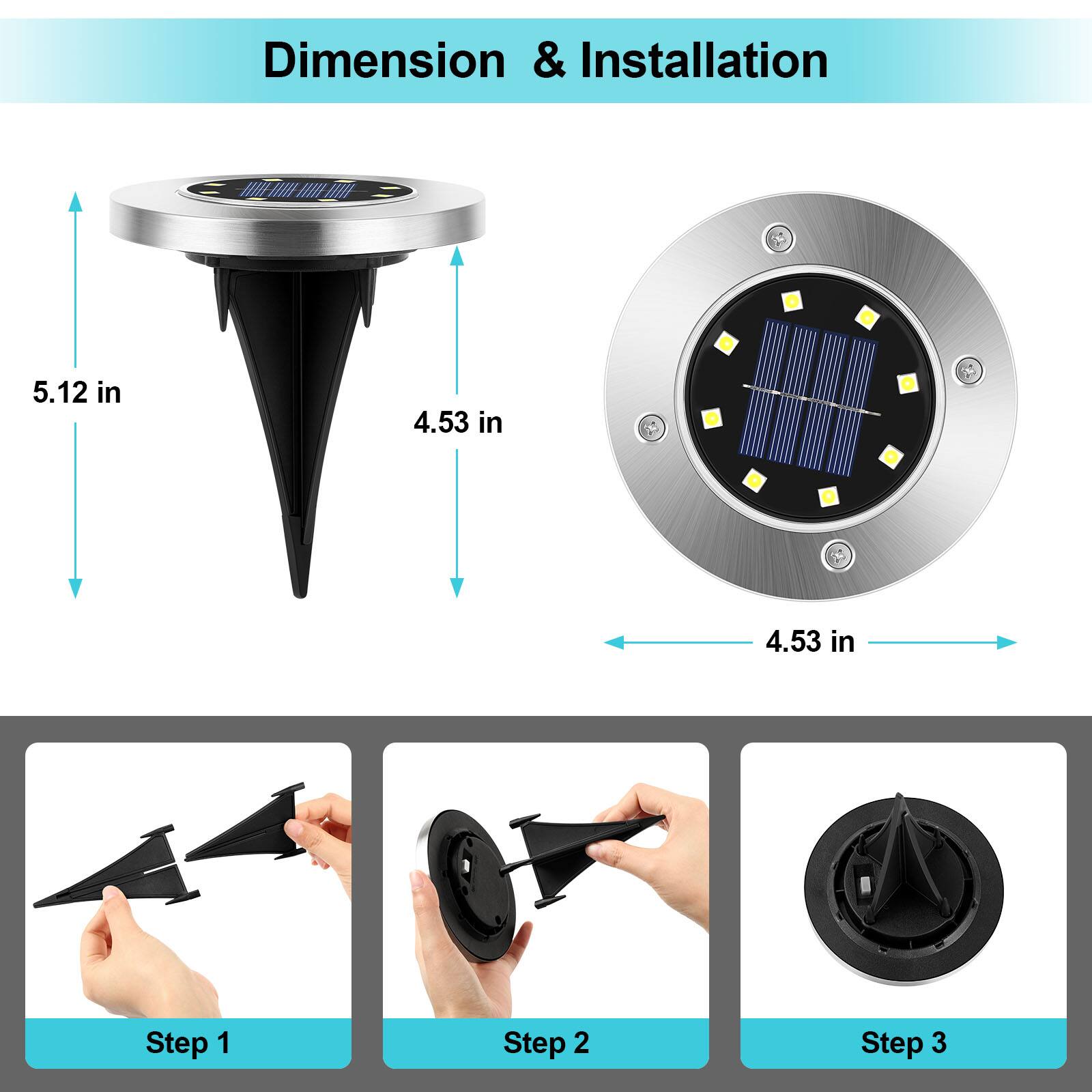 Dimension & Installation

5.12 in  
4.53 in  
4.53 in

Step 1  
Step 2  
Step 3