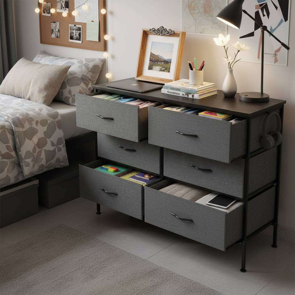Angle. AOITUN - Wide 6-Drawer Fabric Dresser, Gray Horizontal Storage Chest with Wood Top, Closet Organizer for Bedroom - Gray.