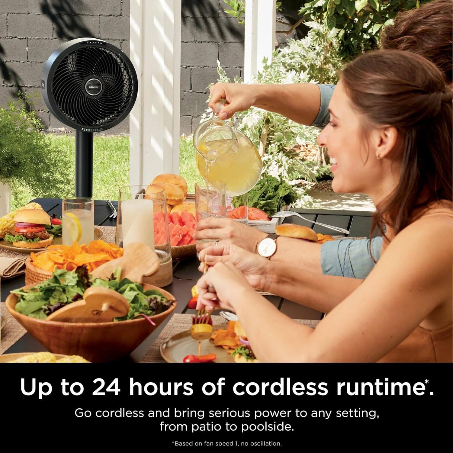 Up to 24 hours of cordless runtime.  
Go cordless and bring serious power to any setting, from patio to poolside.  
*Based on fan speed 1, no oscillation.