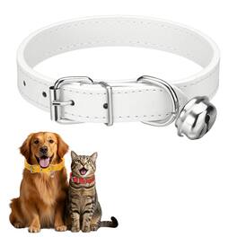 Unique Bargains - Dog Collar with Bell, Pu Leather Cat Collars Pet Basic Soft Padded Adjustable Buckle, 1 Pc, for Small Animals - White