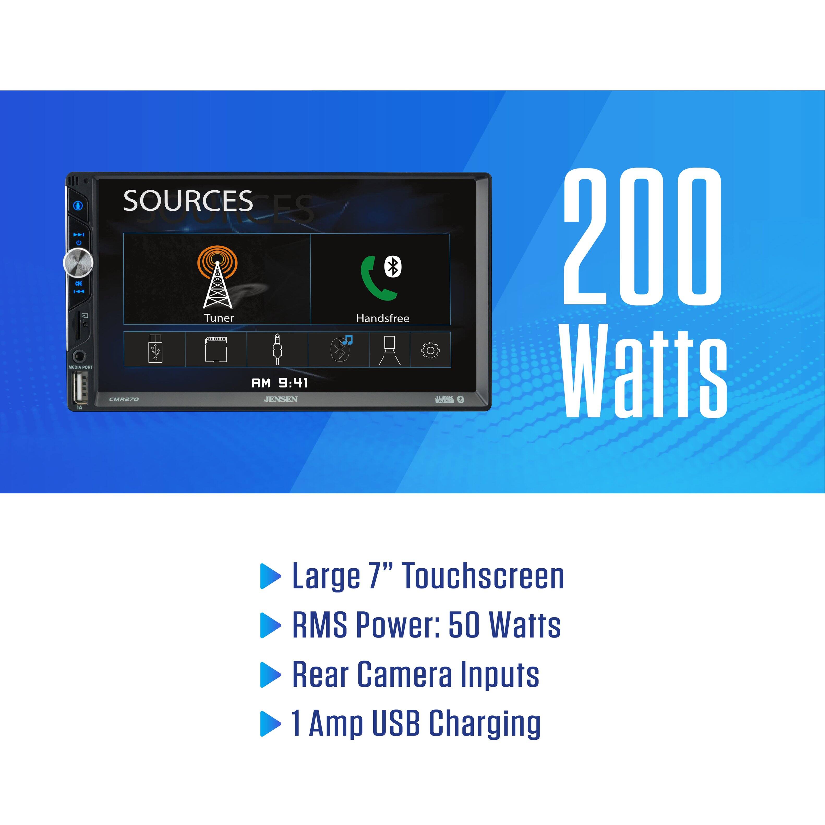 SOURCES COURCES HA Tuner Handsfree MEDIALPORT AM 9:41  
JENSEN  
BLINK agdon 0  
200 Watts  
Large 7" Touchscreen  
RMS Power: 50 Watts  
Rear Camera Inputs  
1 Amp USB Charging