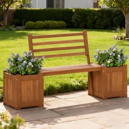 Bestier - Outdoor Planter Box Wooden Bench Set with 2 Open-ended Planter Boxes and Salt Backrest Boxes - Brown