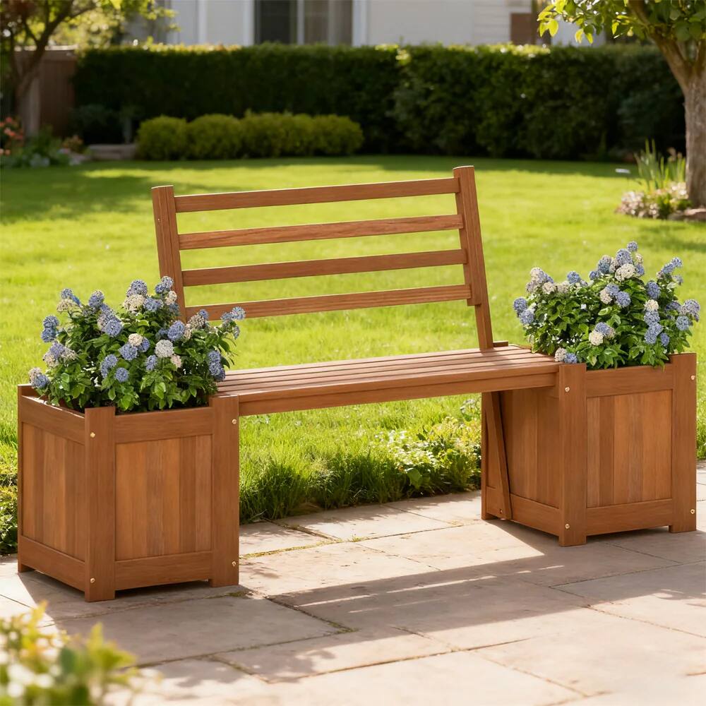 Front. Bestier - Outdoor Planter Box Wooden Bench Set with 2 Open-ended Planter Boxes and Salt Backrest Boxes - Brown.