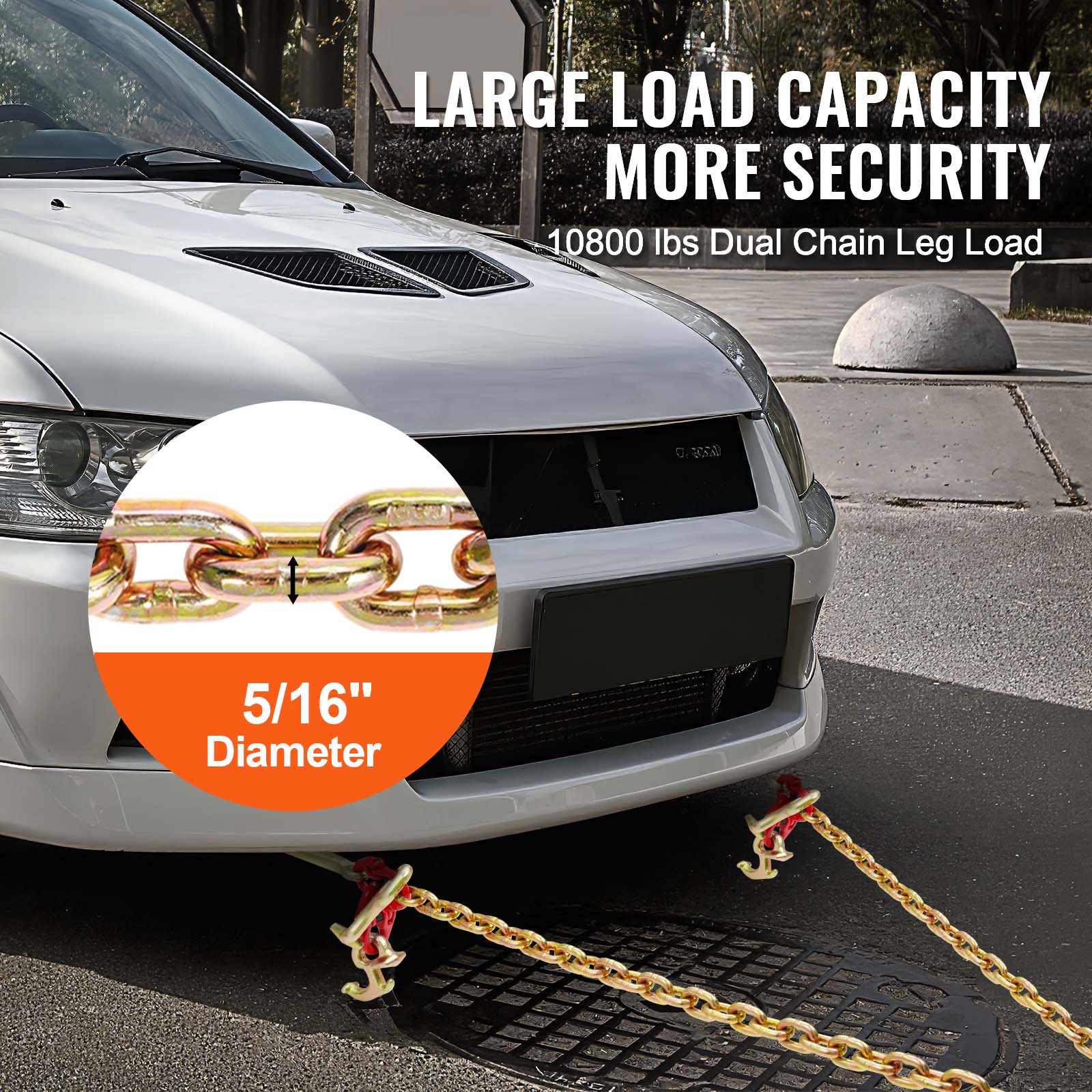 LARGE LOAD CAPACITY  
MORE SECURITY  

10800 lbs Dual Chain Leg Load  

5/16" Diameter