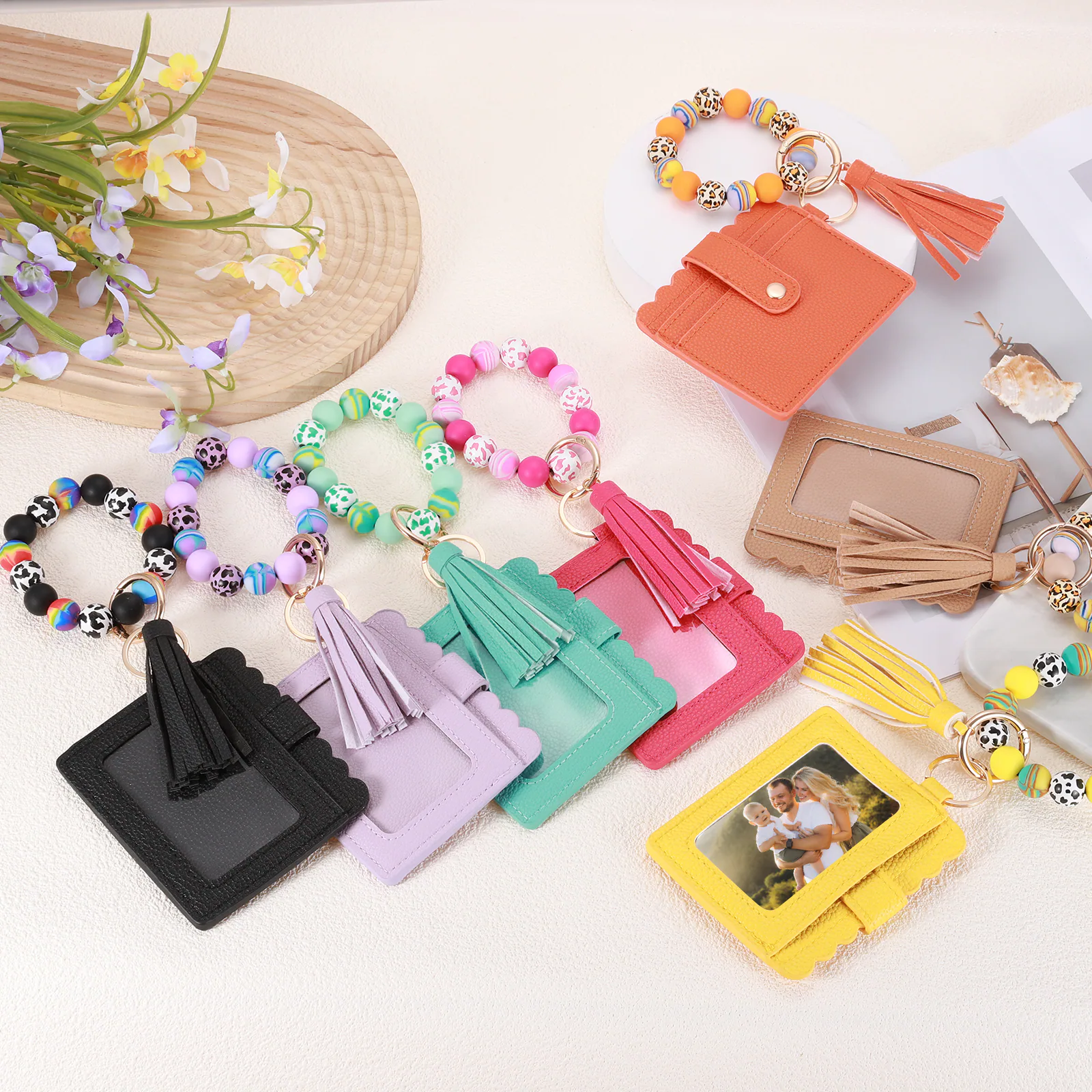 Alt View 4. Unique Bargains - Wristlet Wallet Silicone Beads Keychain, Tassel Bracelet Key Ring with ID Card Holder for Women Car Accessories, 1pc - Orange.