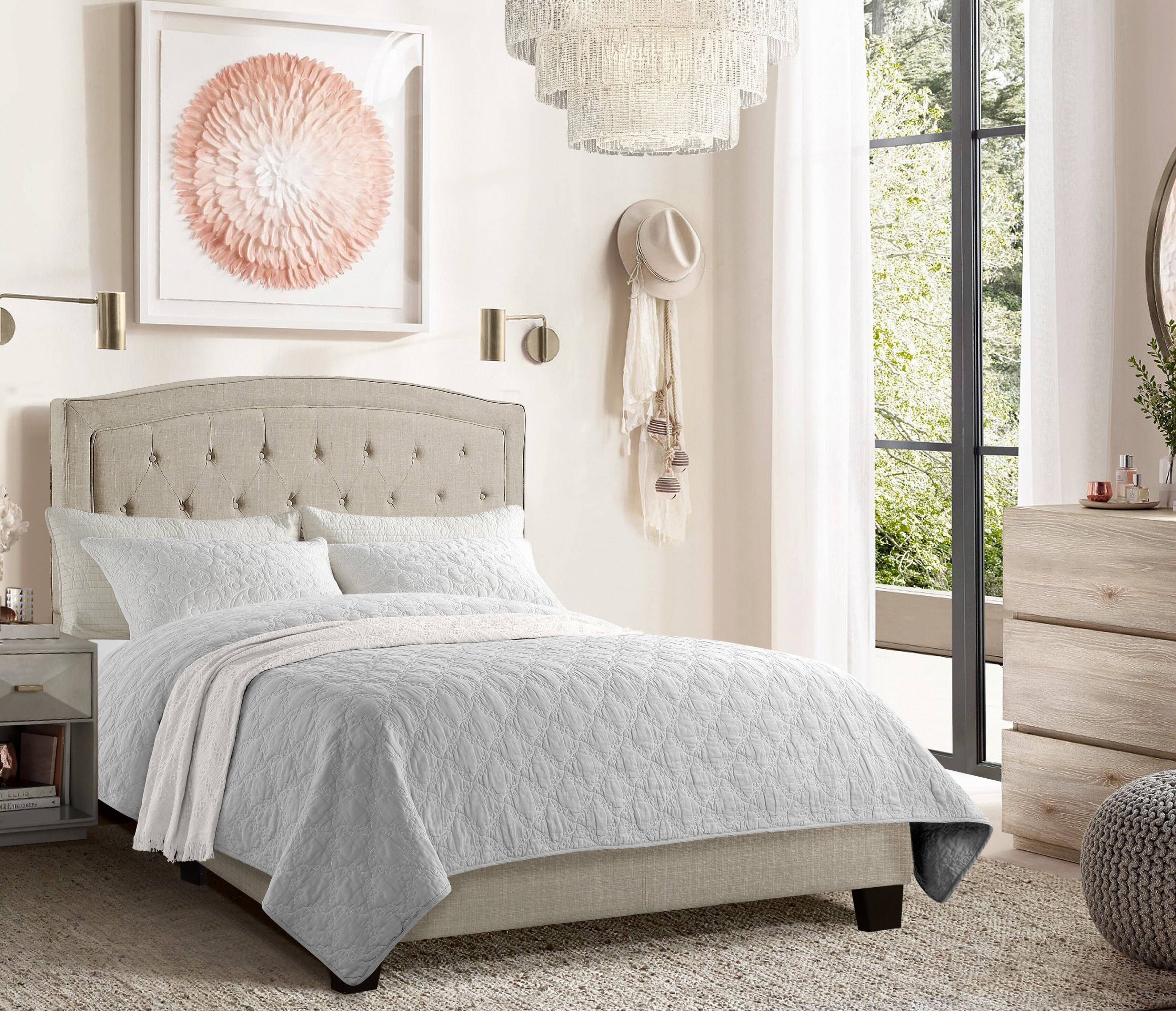 Alt View 2. Boyel Living - Curved Button Tufted Upholstered Bed with Solid Wood Frame - Beige.