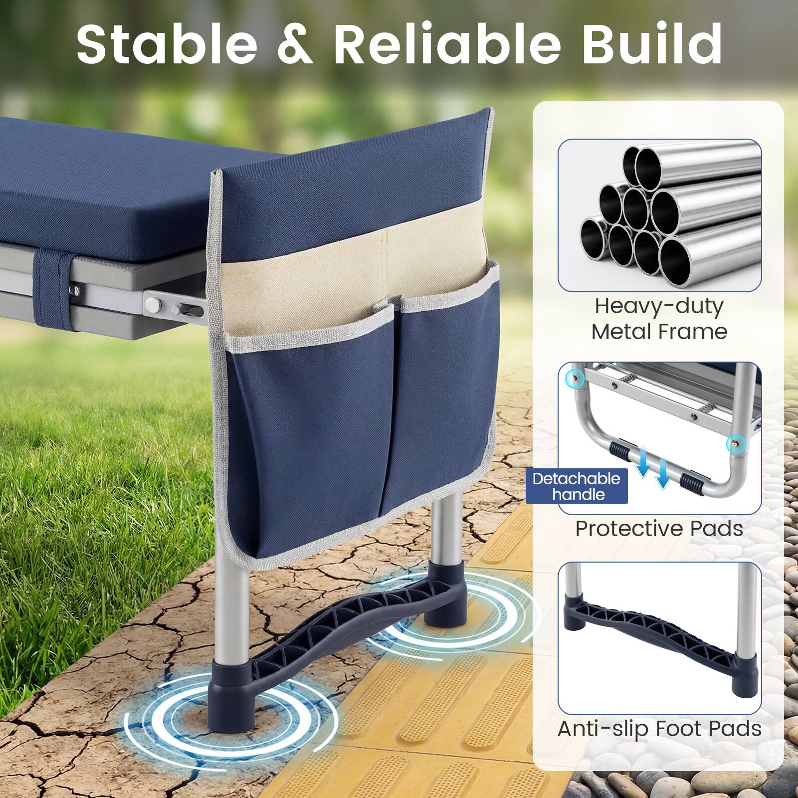 Stable & Reliable Build  
Heavy-duty Metal Frame  
Detachable Handle  
Protective Pads  
Anti-slip Foot Pads