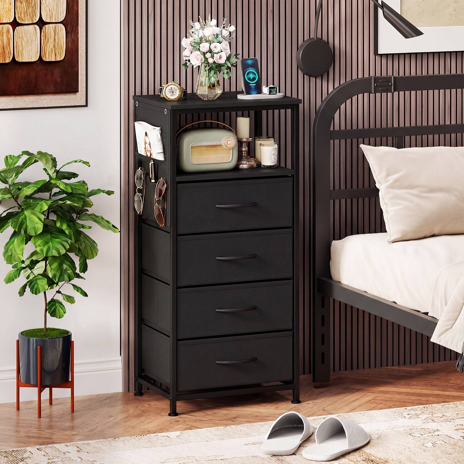 Alt View 1. Costway - Costway 1 PCS 34" Nightstand with Integrated Charging Station, 4 Fabric Drawers & Metal Frame - Black.
