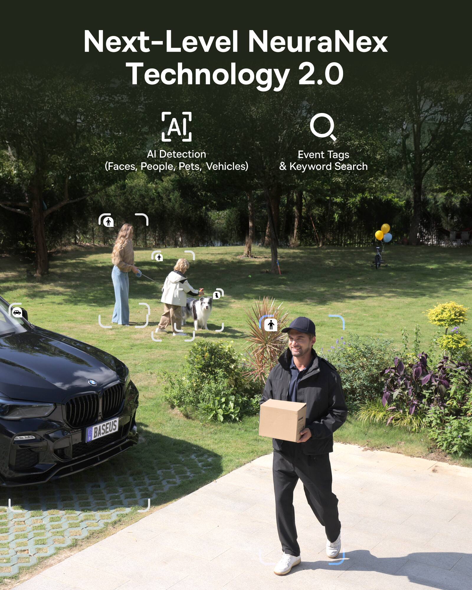 Next-Level NeuraNex Technology 2.0  
AI Detection (Faces, People, Pets, Vehicles)  
Event Tags & Keyword Search  

BASEUS