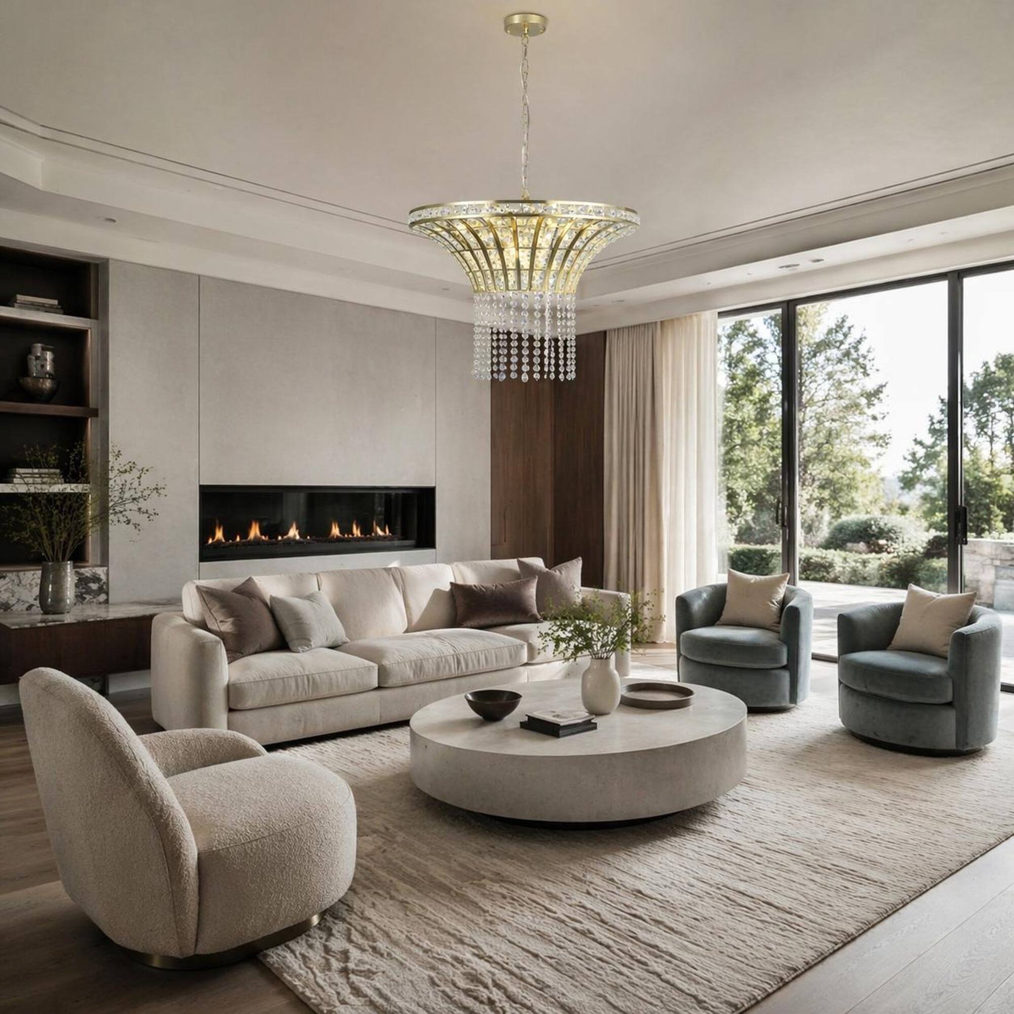 Angle. RYHNUYNE - Gold 8‑Light Crystal Chandelier, Modern Crystal Pendant Light Fixture for Living Room, Dining Room, Foyer - Transparent.
