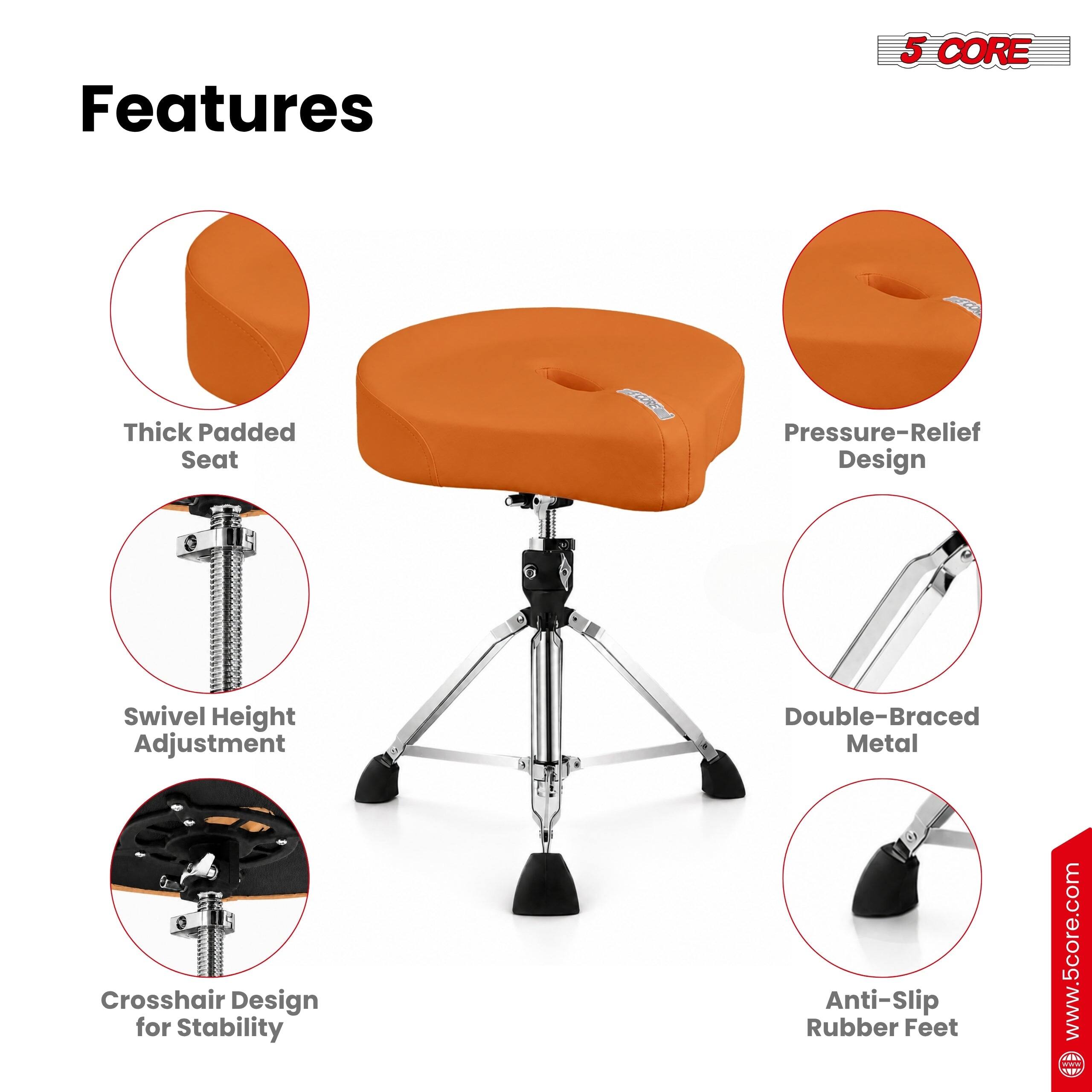 Features

- 5 CORE Thick Padded Seat
- Pressure-Relief Design
- Swivel Height Adjustment
- Double-Braced Metal Crosshair Design for Stability
- Anti-Slip Rubber Feet

www.5core.com