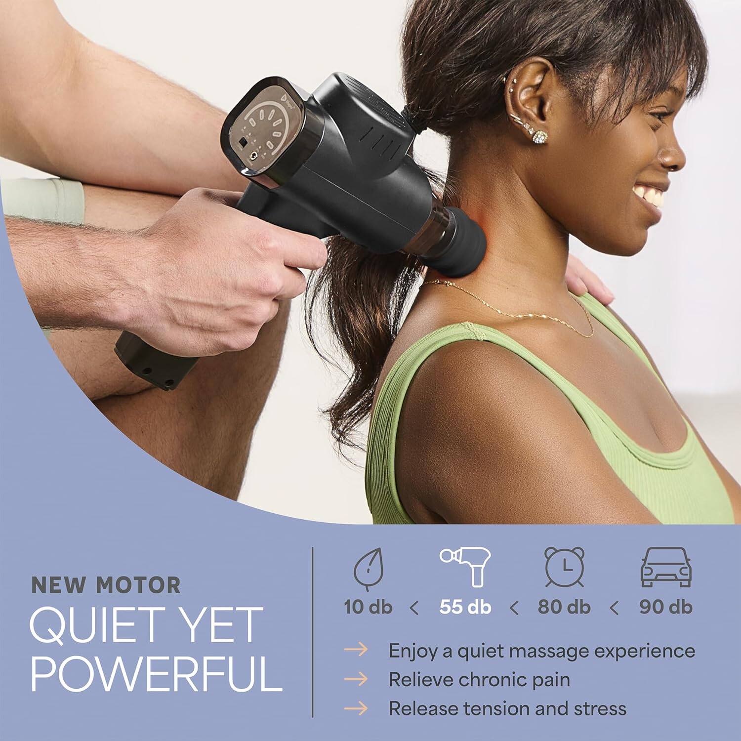 NEW MOTOR  
QUIET YET POWERFUL  

10 db < 55 db < 80 db < 90 db  

Enjoy a quiet massage experience  
Relieve chronic pain  
Release tension and stress