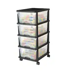 Front. VEVOR - Plastic Storage Drawers Cart, 4 Drawers Storage Organizer with Wheels, Rolling Closet Organization and Storage Dividers - Black, transparent, white.