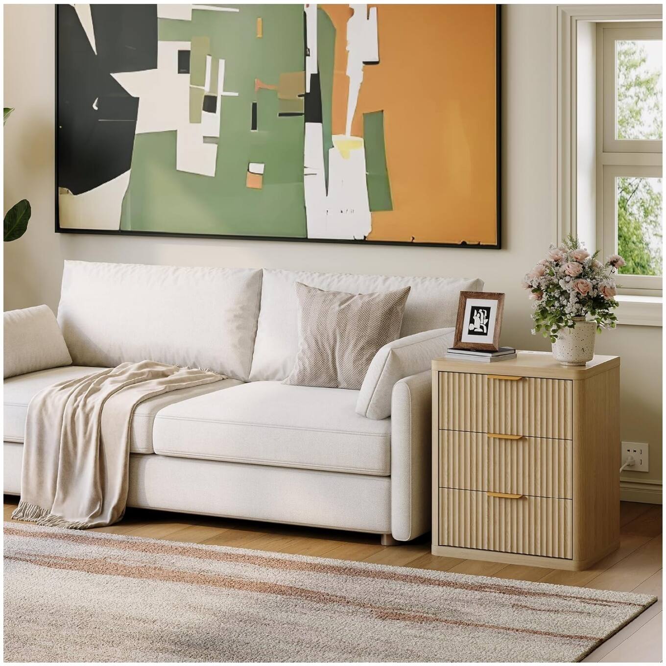 Alt View 1. GARVEE - Fluted Nightstand Set of 2, Bedside Table Built-in Charging Station, Featuring 3 Drawer & Open Storage Space, Natural - Natural.