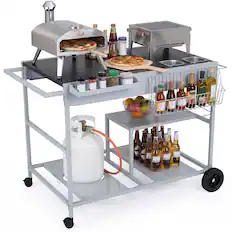 Front. Gymax - Gymax Pizza Oven Cart w/Topping Station 2 Spice Containers Wheels & Storage Racks - Black.