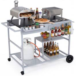 Gymax - Pizza Oven Cart w/Topping Station 2 Spice Containers Wheels & Storage Racks - Black
