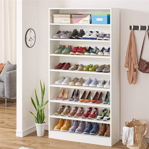 Angle. Hivvago - Modern 8-Shelf Shoe Rack Shelving Unit for Closet Storage in White Wood Finish - White.