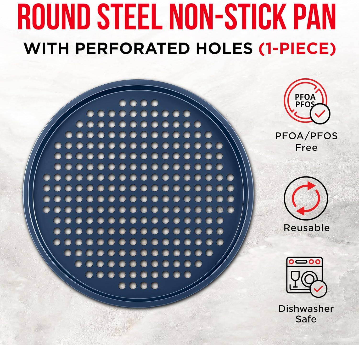 ROUND STEEL NON-STICK PAN WITH PERFORATED HOLES (1-PIECE) PFOA/PFOS Free Reusable Dishwasher Safe