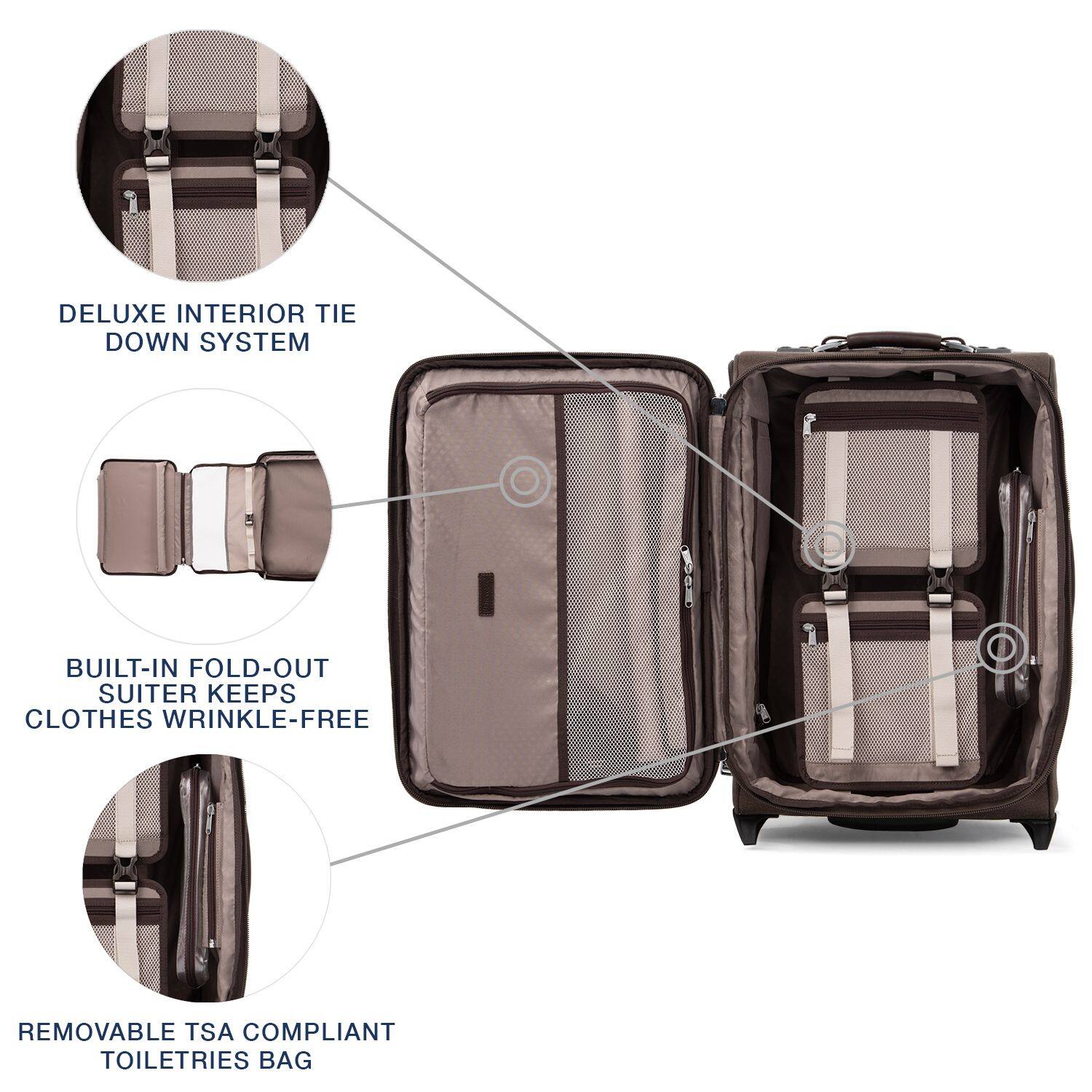 DELUXE INTERIOR TIE DOWN SYSTEM  
BUILT-IN FOLD-OUT SUITER KEEPS CLOTHES WRINKLE-FREE  
REMOVABLE TSA COMPLIANT TOILETRIES BAG