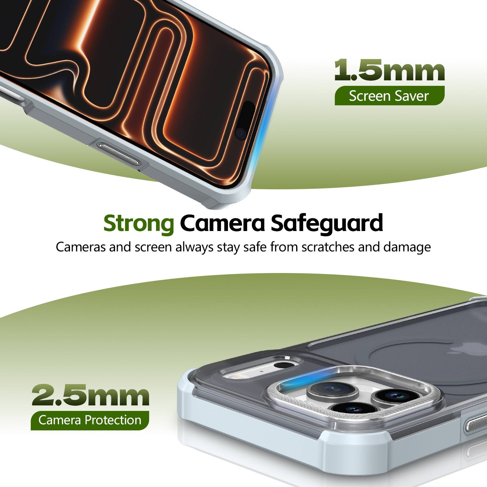 1.5mm Screen Saver  
Strong Camera Safeguard  
Cameras and screen always stay safe from scratches and damage  

2.5mm Camera Protection
