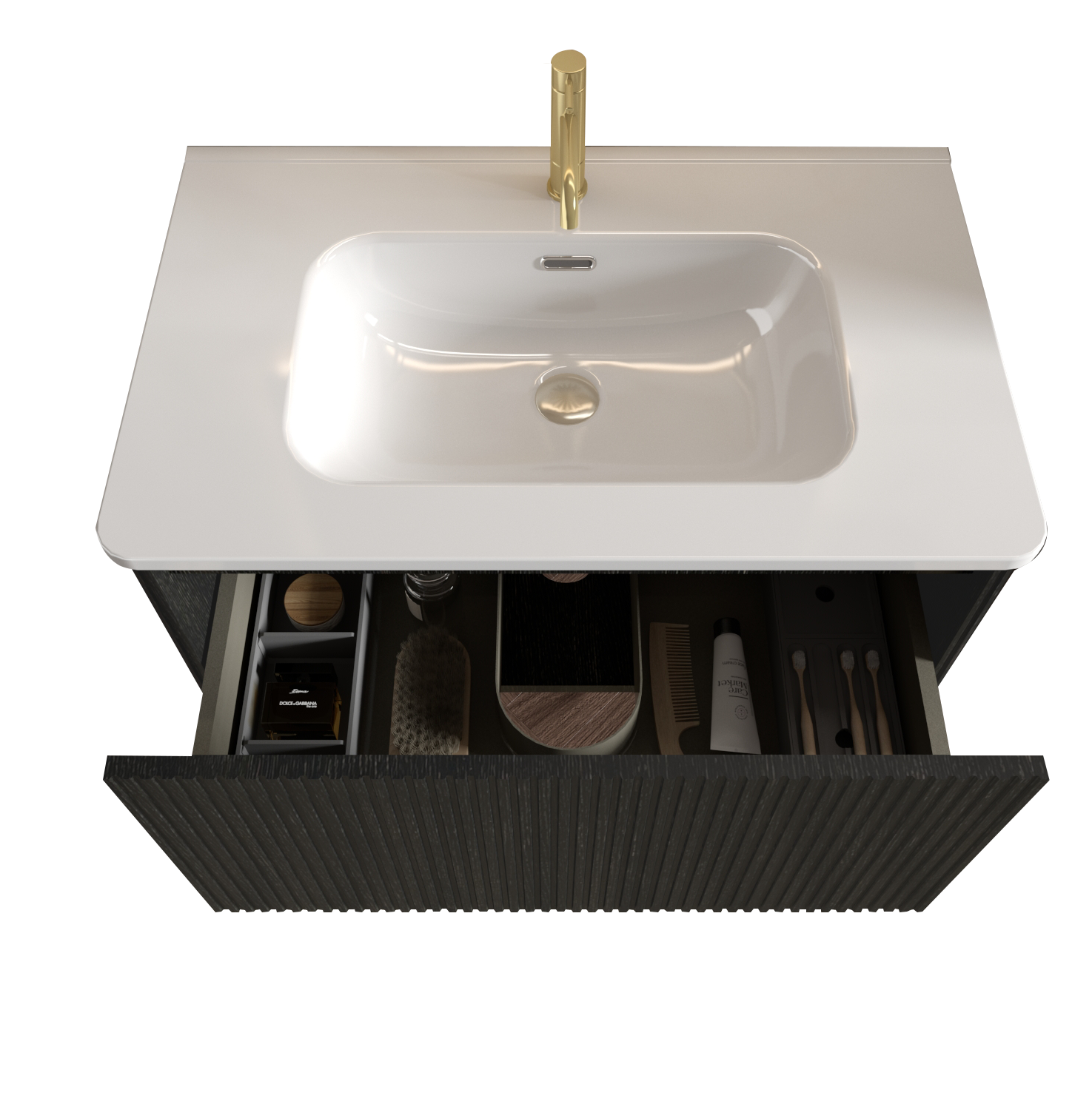 Alt View 3. Boyel Living - 30 Inch Striped Brushed Black Oak Floating Bathroom Vanity with White Ceramic Sink, One-Piece Basin, Pre-Assembled - Black.