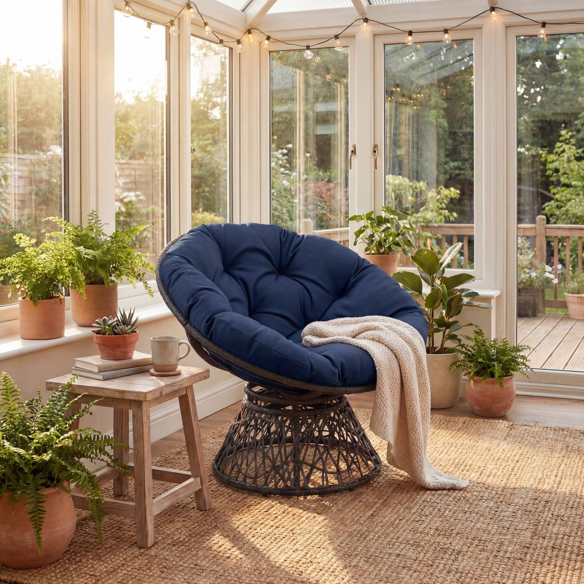 Alt View 4. Costway - Costway Papasan Chair, Swivel Chair with Extra-Thick Cushion, Metal Frame, Rattan Wicker Lounge Chair for Yard, Balcony - Navy Blue.