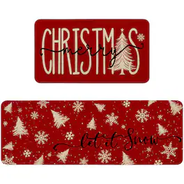 Paradigms Interiors - Merry Christmas Kitchen Mat Decor Xmas Tree Snowflake Winter Holiday Rugs Sets Of 2 Indoor Home Decorations - Christmas Tree Red