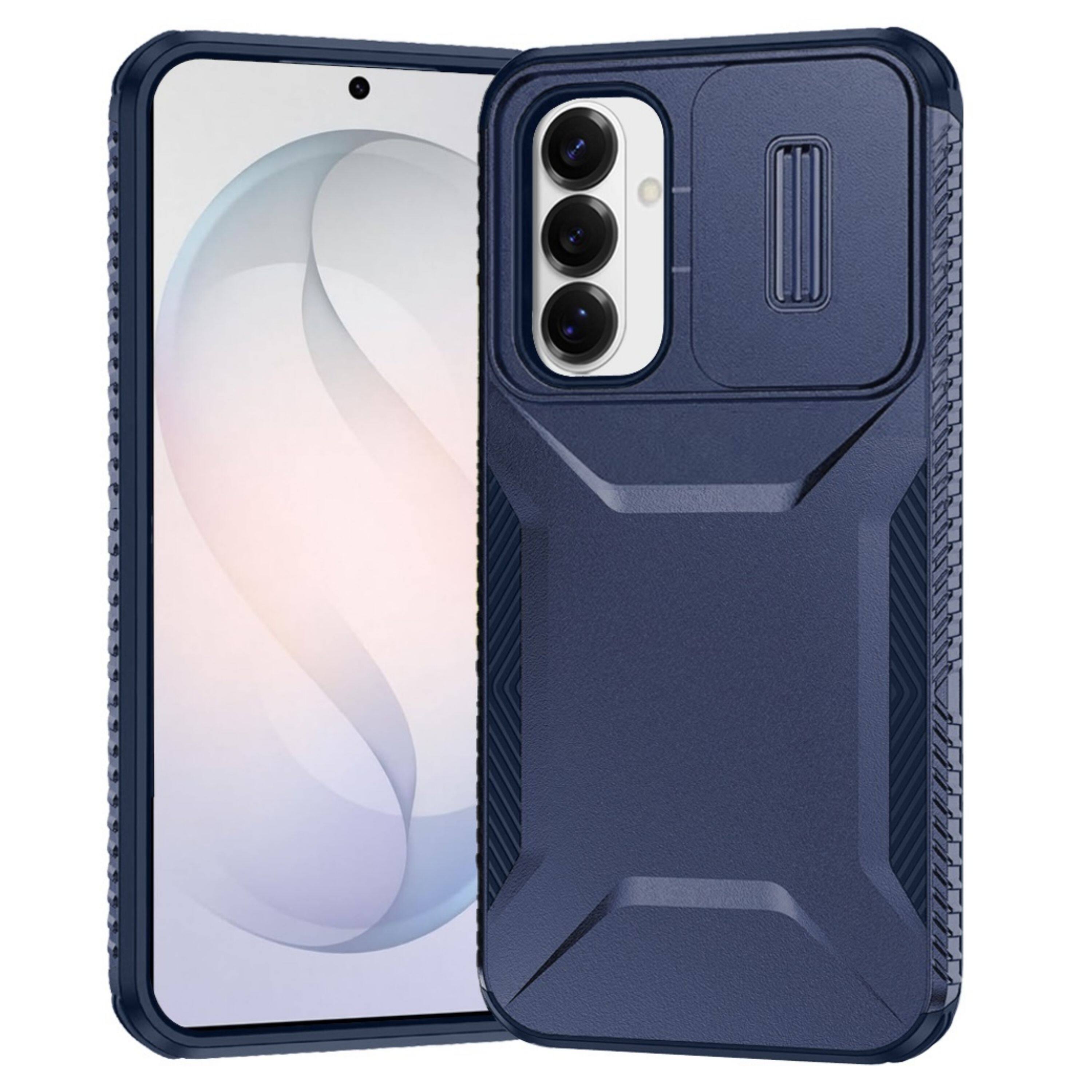 Front. Kitcheniva - Rugged Side Grip Sliding Rear Lens Cover Plus Tempered Glass For Samsung S26 FE Dark Blue - Dark Blue.